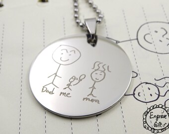 Personalized Circle Necklaces - Actual Handwriting Childrens Art Disc Necklace Memorial Signature Jewelry for Bridesmaids 20-35mm