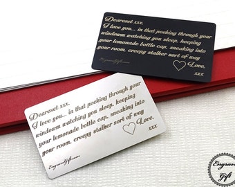 Carte portefeuille personnalisée, écriture manuscrite, cadeau d'anniversaire en acier, lettre en métal personnalisée, mot d'amour pour lui, cadeau militaire