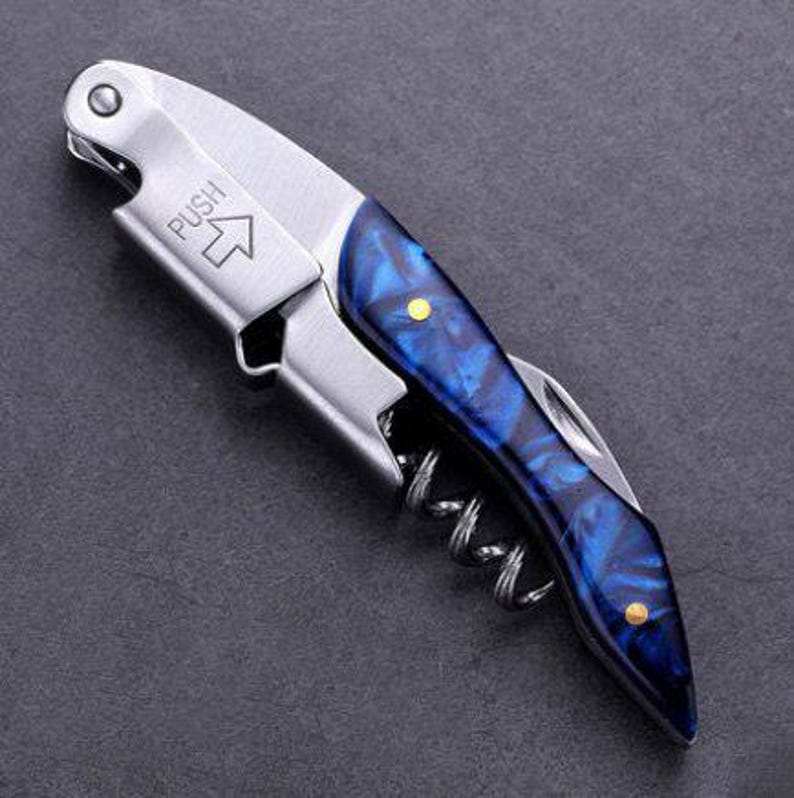 20Resin Handle Wine Corkscrew – Groomsman Gift – Engraved Bottle Opener for Bartenders Blue