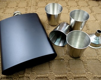 Custom Personalized 8oz Matte Black Steel Flask Gift Set Wedding Favor Your Handwriting Text Logo