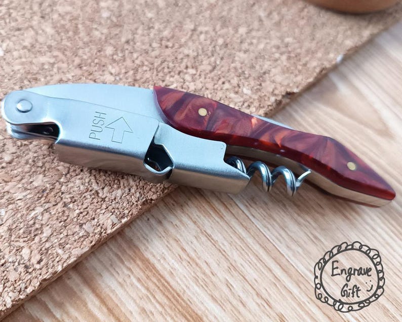 20Resin Handle Wine Corkscrew – Groomsman Gift – Engraved Bottle Opener for Bartenders Red