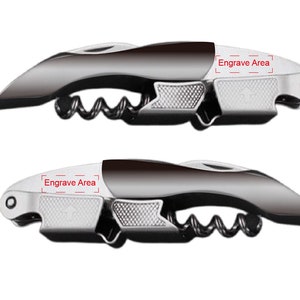 May include: A silver and black corkscrew with a  "Engrave Area" label on the handle. The corkscrew has a  spiral design and a lever.
