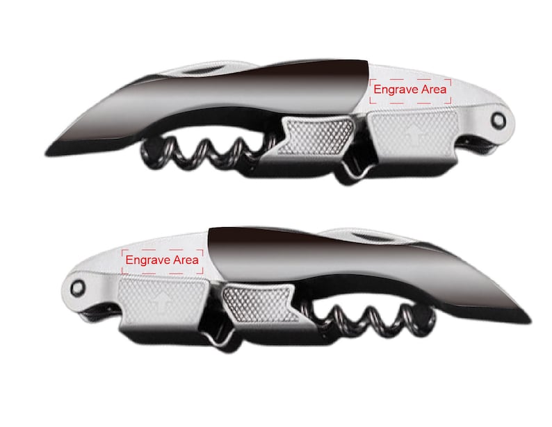 May include: A silver and black corkscrew with a  "Engrave Area" label on the handle. The corkscrew has a  spiral design and a lever.
