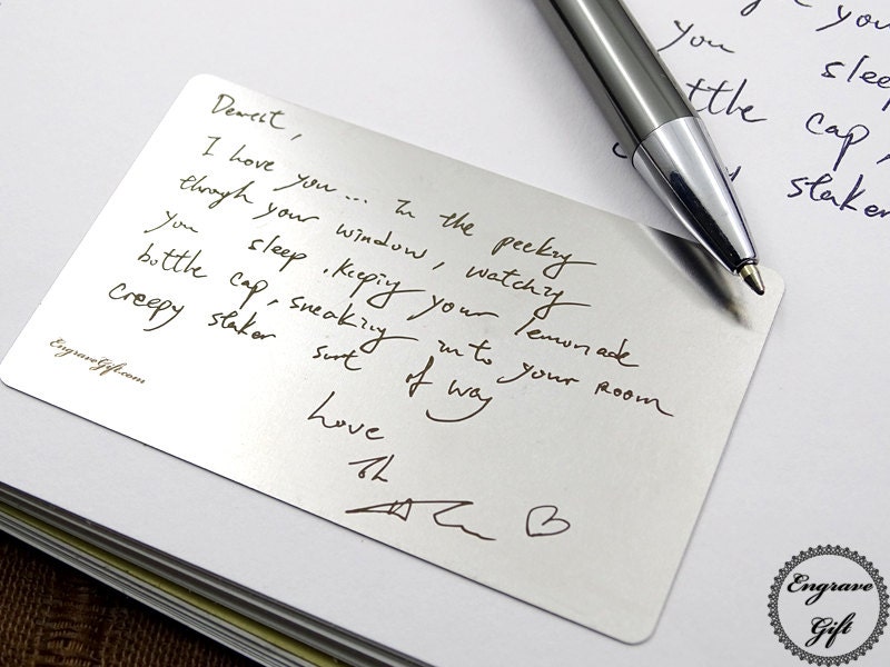 Personalized Handwriting Steel Wallet Insert, Handwritten Engraved Et…