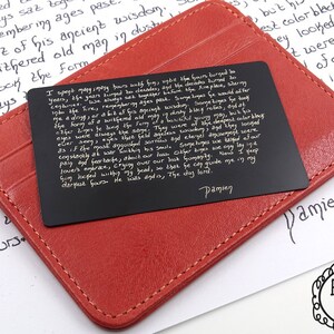 Carteira personalizada com caligrafia gravada - Presente personalizado em aço inoxidável, lembrança memorial, carta de amor, assinatura gravada