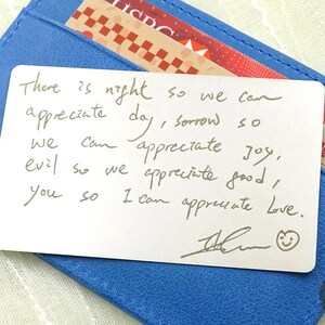 Inserto de billetera con escritura a mano grabada personalizada: tarjeta de billetera de acero inoxidable personalizada, carta de amor, recuerdo, regalo sentimental