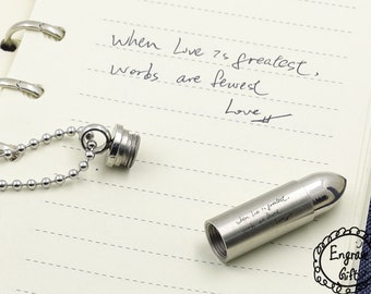 Personalized Handwriting Bullet Urn Pendant - Memorial Ash Keepsake - Engraved for Him - Deployment Gift