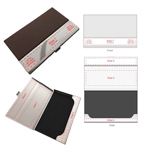 a collection of four different views of a business card holder, each with varying designs and areas designated for different sections.