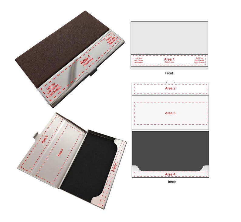 a collection of four different views of a business card holder, each with varying designs and areas designated for different sections.