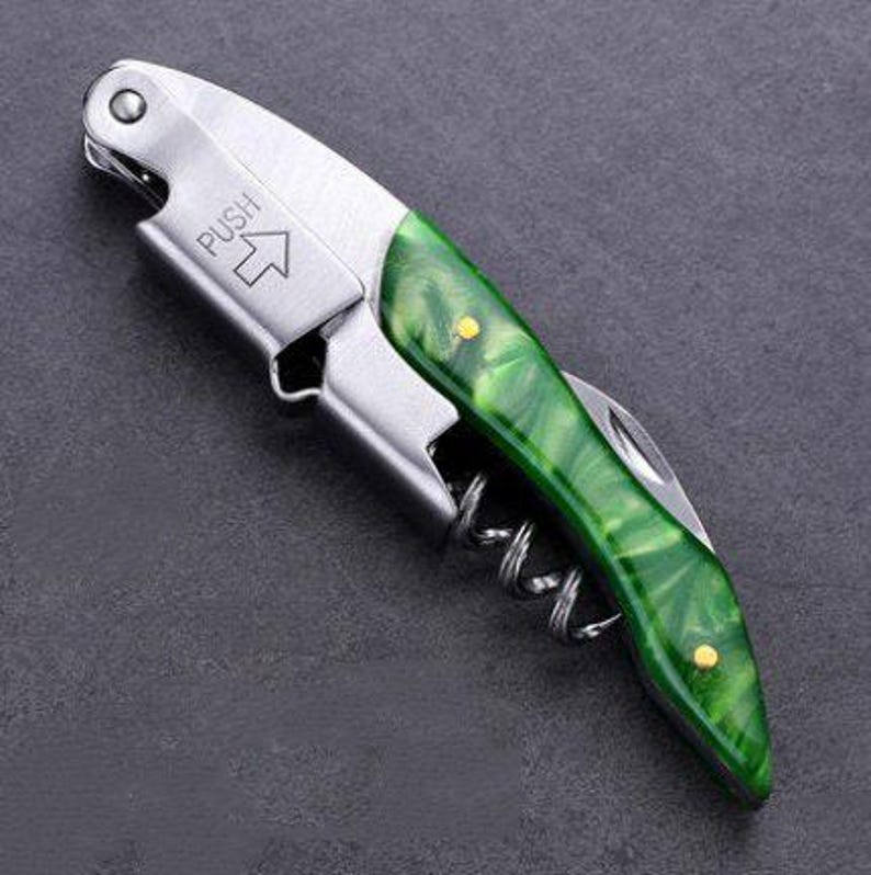 20Resin Handle Wine Corkscrew – Groomsman Gift – Engraved Bottle Opener for Bartenders Green