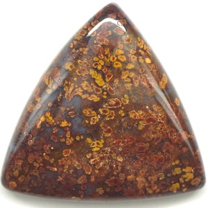 May include: A triangular cabochon of brown, orange, and red agate with a mottled pattern.