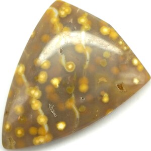 May include: A polished, triangular gemstone with a speckled pattern. The stone features a mix of brown, yellow, and white colors. The yellow spots are circular and evenly distributed across the surface, creating a unique visual texture. The gemstone is likely used for jewelry or decorative purposes.