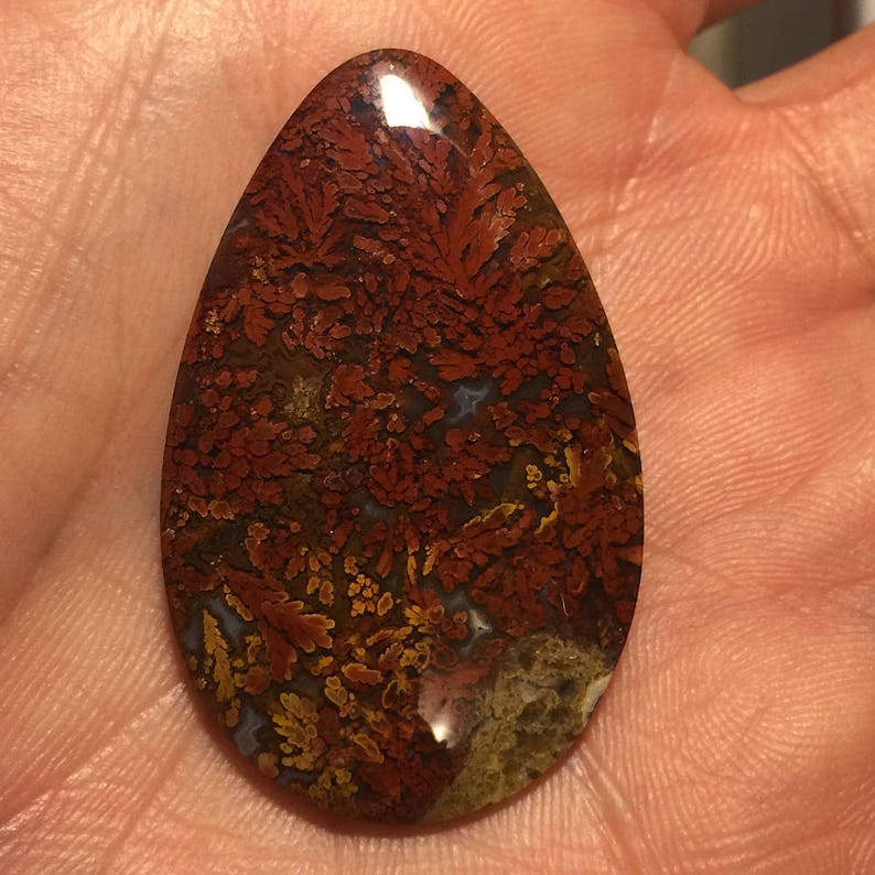 44 x 27.5 x 4.5 mm Natural Bloody Basin MossPlume Agate Gemstone Cabochon Handcrafted in USA.