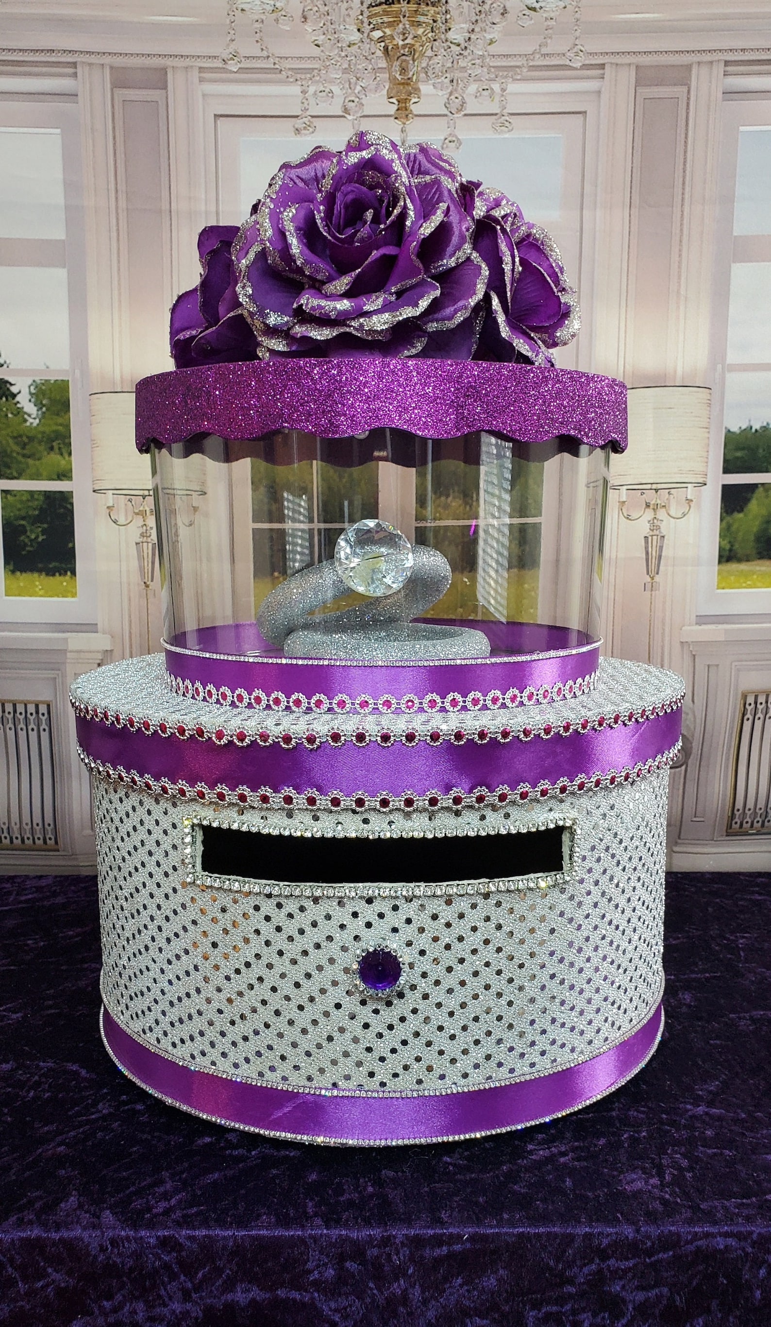 Purple and Silver Bling Wedding Card Box, Bling Card Box, Rhinestone