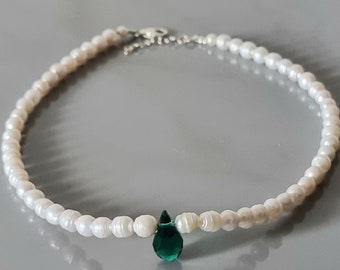 Freshwater pearl necklace, Pearl choker necklace, Real pearl necklace, Pearl choker ,Green Crystal Pendant Necklace,