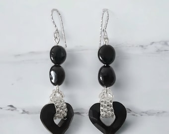 Black earrings with heart .  Heart   earrings , Crystal earrings, Handmade  earrings . Black earrings, Long earrings black. Gifts for her