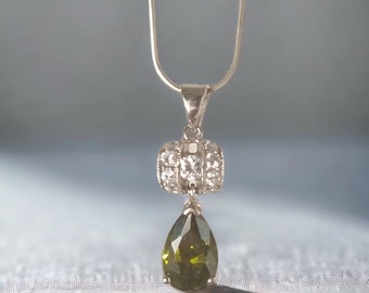 Green and silver necklace, Green crystal pendant necklace, Silver necklace with green crystal drop, Olive green necklace,  Crystal necklace