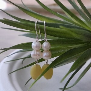 Freshwater pearl and green jade dangle earrings, Silver pearl and green long earrings, Lime green earrings, Jade earrings
