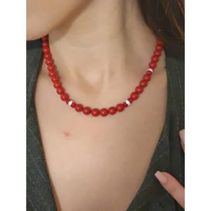 Red gemstone beaded choker necklace . Red and zircon  necklace .Red and silver necklace , Red necklace, Gifts for him. Gifts for her.
