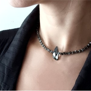 Hematite black necklace with crystal pendant , Dark grey rhinestone necklace ,Black crystal necklace , Crystal pendant necklace