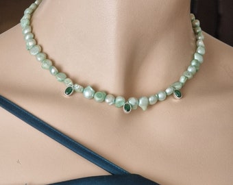 Green pearl choker necklace , Green necklace, Green crystal pendant necklace , Green freshwater pearl necklace ,