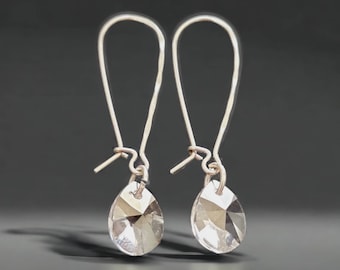 Clear crystal wedding earrings , Teardrop silver earrings , Clear rhinstone earrings , Clear long silver earrings