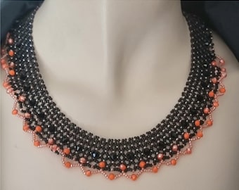 Black and orange collar necklace , Orange and black bead necklace ,  Seed bead necklace ,Black and orange beaded collar necklace,