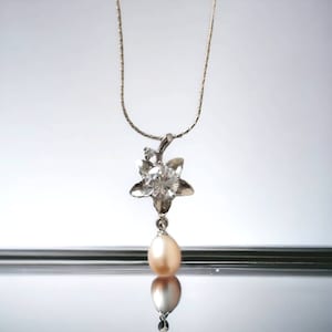 Orchid flower and crystal pearl necklace ,Peach-pink pearl necklace ,Flower pendant , Silver peach pink necklace