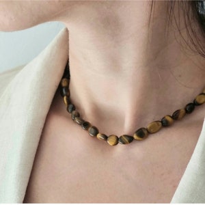 Brown tiger eye necklace , Black and yelow choker necklace , Black and brown necklace ,Hand knotted tiger eye gemstone necklace