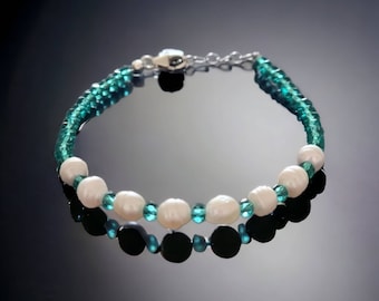 Parelarmband, Zoetwaterparelarmband, Pareljuwelen, Parel en groene kralenarmband, Hendmade armband,