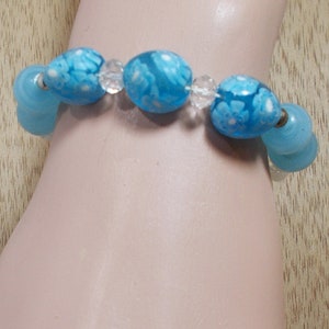 Handmade, Glass Beaded Bracelet, with Blue & White  Lampwork, Swarovski, Cat&#39;s Eye, Cherry Brand Beads and Silver plated accent beads.