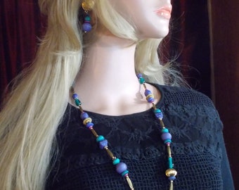 Vintage, Casual Corner, Teal & Purple Necklace and Earrings Beaded Set.