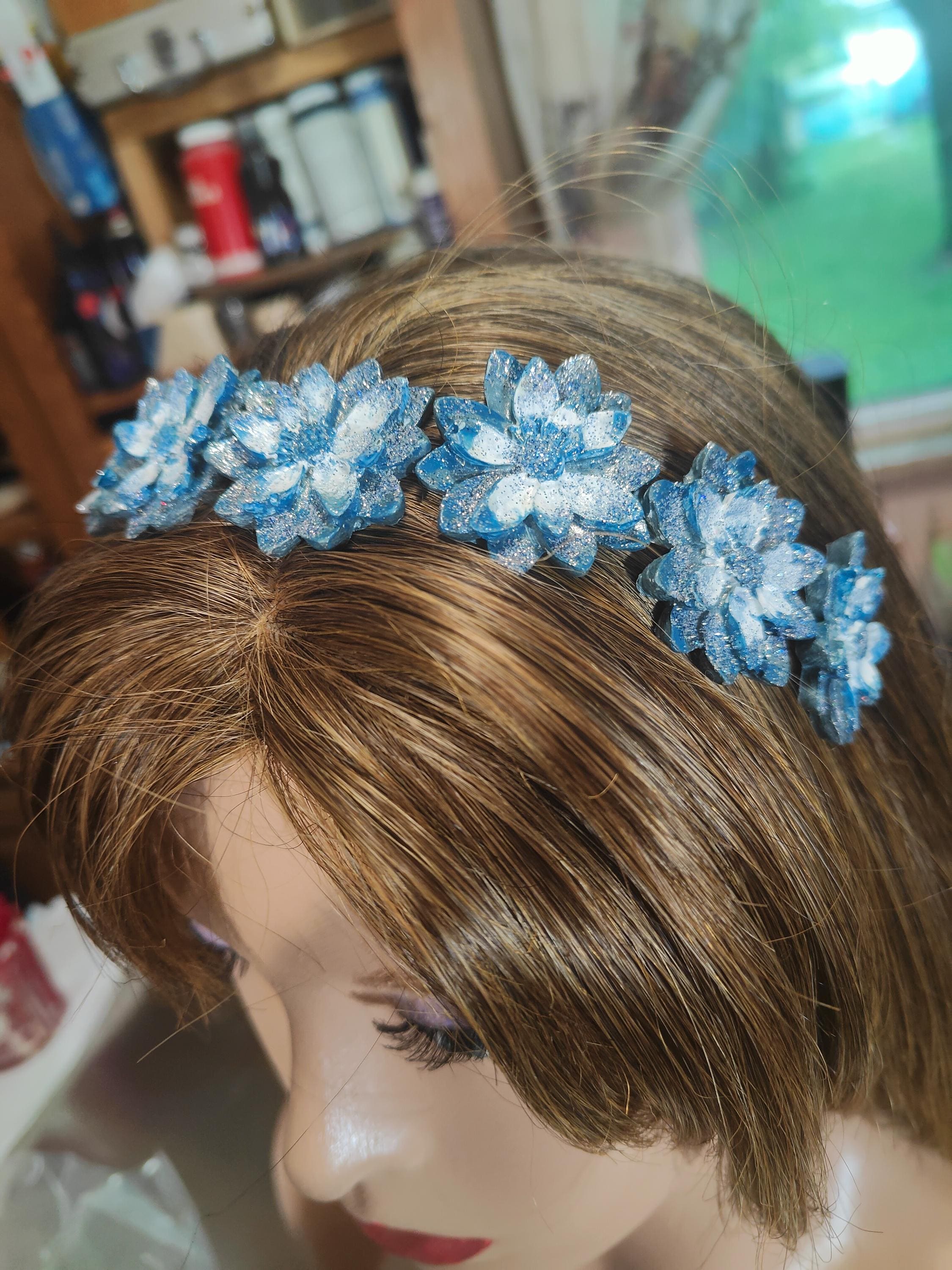 Hand-painted Resin Flower Headband: Blue, Gray Enamel  display picture 2