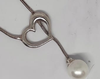 Vintage silverpläterat hjärthalsband med pärla, 45 cm kedja