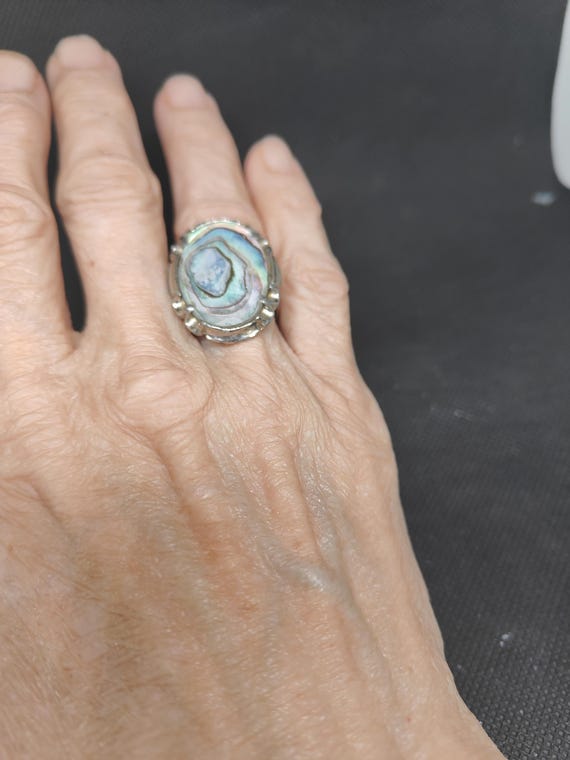 Vintage Abalone Ring: Adjustable Silver Plated Ba… - image 5