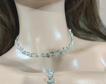 Handmade Rhinestone Necklace Bracelet Set: Silver Plated Wedding Jewelry