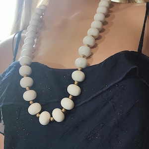 Vintage White Ceramic Beaded Necklace: Gold-Plated Accents, 30&quot; Long
