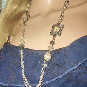 Vintage Crystals, Picture Frames, Beads & Chains Necklace.  Unsigned. 28&quot; Long + 3&quot; Extender Chain. Showing some wear, but still wearable.