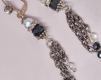 Handmade Silver Plate Crystal Shoulder Duster Earrings, Czech Aurora Borealis Crystals.