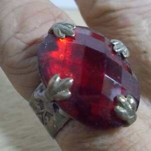 Handmade, Red Ruby Delicious Ring with an Antique Silver Plated Finish Adjustable Band. Imitation Ruby, Faceted Rhinestone.