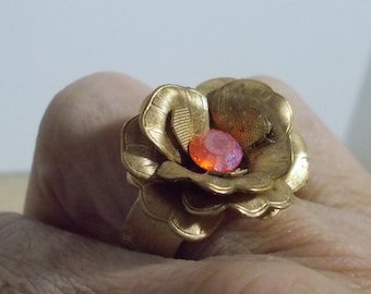 Handmade, Gorgeous Gold Plated Brass Rose Flower Ring with an Iridescent Coral Pink Rhinestone with an Gold Enamel Adjustable Band.