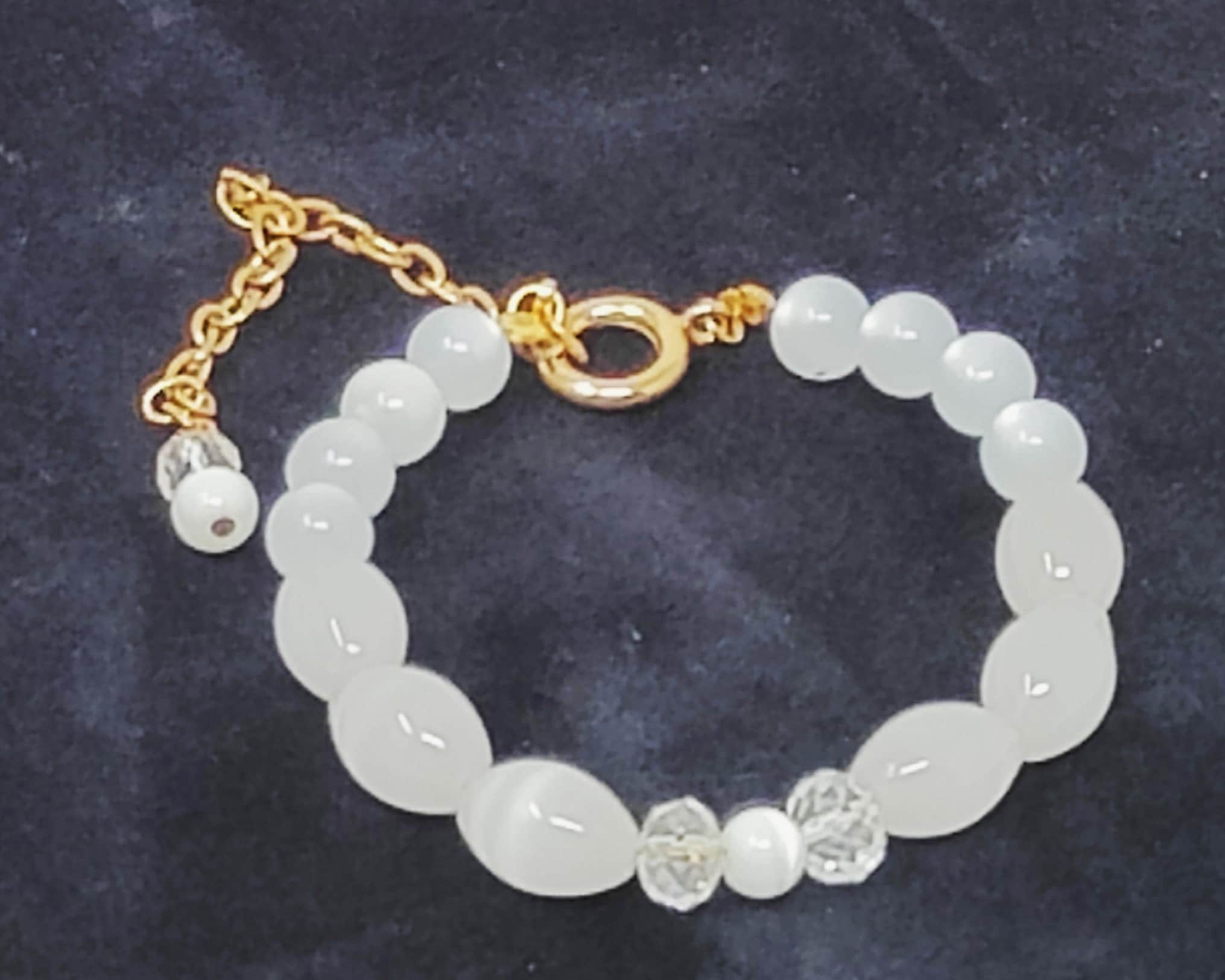 Wonderful White Chrysoberyl Cat's Eye Bracelet with Vintage Crystals. Handmade. Perfect for a Wedding or Prom, or another "Dress Up" Event.