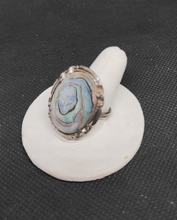 Vintage Abalone Ring: Adjustable Silver Plated Ba… - image 2