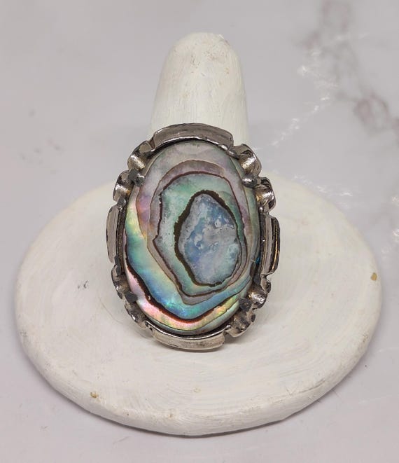 Vintage Abalone Ring: Adjustable Silver Plated Ba… - image 6