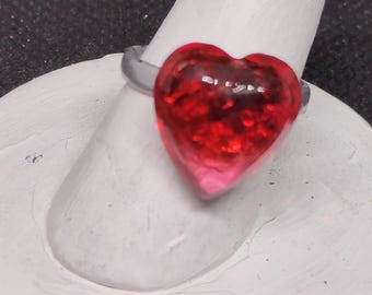 Red Glass Heart Ring, Silver Enamel Painted Band. OOAK