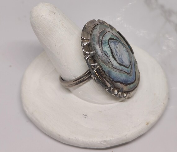 Vintage Abalone Ring: Adjustable Silver Plated Ba… - image 3