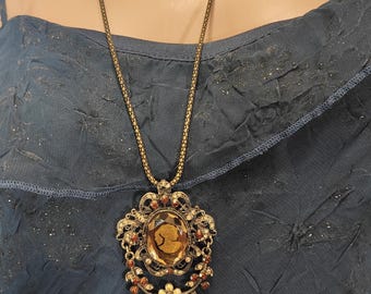 Vintage AVON Cameo Necklace: Antique Gold Rhinestone Pendant, 30" Chain