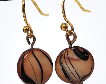 Tiger Print Glass Bead Earrings: Handmade Gold Plated, Hypoallergenic