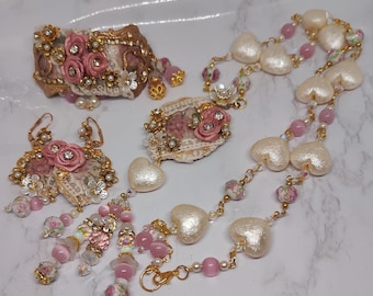 Dusty Pink Fabric Roses, Heart Necklace, Bracelet & Earrings Set, Acrylic Leaves and Flowers, Pearls, Rhinestones. BSue Boutique. OOAK. SLG