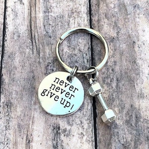 Fitness Keychain, Never Give Up, Fitness Gift, Motivation Gift, Personal Trainer Gift, Silver Keychain, Gift for Her, Inspirational Gift image 1